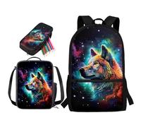 STUOARTE Set di 3 zaini per la scuola, per bambini, ragazzi, ragazze, adolescenti, 43 cm, con borsa per il pranzo e astuccio, Lupo Galassia - Nero e Verde