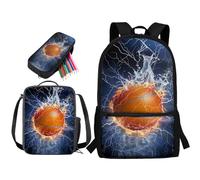 STUOARTE Set di 3 zaini per la scuola, per bambini, ragazzi, ragazze, adolescenti, 43 cm, con borsa per il pranzo e astuccio, Water Lightning - Pallacanestro blu e arancione