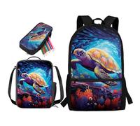 STUOARTE Set di 3 zaini per la scuola, per bambini, ragazzi, ragazze, adolescenti, 43 cm, con borsa per il pranzo e astuccio, Tartaruga Marina - Blu e Arancione