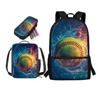 STUOARTE Set di 3 zaini per la scuola, per bambini, ragazzi, ragazze, adolescenti, 43 cm, con borsa per il pranzo e astuccio, Water Fire - Palla da softball, colore: Blu