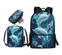 STUOARTE Set di 3 zaini per la scuola, per bambini, ragazzi, ragazze, adolescenti, 43 cm, con borsa per il pranzo e astuccio, Delfino Fiore - Blu