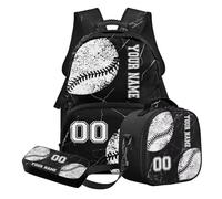 STUOARTE Set di 3 zaini per la scuola personalizzati per bambini, adolescenti, ragazzi, set di 3 pezzi, con astuccio e portapranzo, Bianco e nero - Baseball Marble, Set di zaini per la scuola