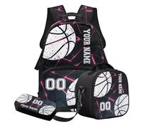 STUOARTE Set di 3 zaini per la scuola personalizzati per bambini, adolescenti, ragazzi, set di 3 pezzi, con astuccio e portapranzo, Bianco e nero - Geometria del basket, Set di zaini per la scuola