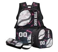 STUOARTE Set di 3 zaini per la scuola personalizzati per bambini, adolescenti, ragazzi, set di 3 pezzi, con astuccio e portapranzo, Bianco e nero - Geometria del baseball, Set di zaini per la scuola