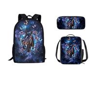 STUOARTE Set di 3 zaini, per ragazzi e ragazze, con portapranzo, astuccio leggero, per studenti, Galaxy Horse Butterfly - Blu, Taglia unica, Zaini Daypack