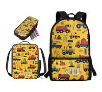 STUOARTE Set di 3 zaini per ragazzi e ragazze, set di zaino scolastico di grande capacità da 43 cm, con scatola per il pranzo e astuccio, Camion - Giallo e Rosso