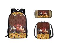 STUOARTE Set di 3 zaini per ragazzi e ragazze, zaino scolastico per bambini con borsa per il pranzo e astuccio, borsa per libri da 43 cm per studenti, Gallo Girasole Margherita - Rosso e Giallo,