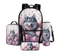 STUOARTE Set di 4 pezzi con borsa per il pranzo e astuccio, zaino leggero per la scuola, zaino casual con sacca per l'acqua, Rosa e Bianco - Husky Flower, Taglia unica, Zaino daypack