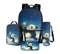 STUOARTE Set di 4 pezzi con borsa per il pranzo e astuccio, zaino leggero per la scuola, zaino casual con sacca per l'acqua, Blu e Bianco - Panda, Taglia unica, Zaino daypack