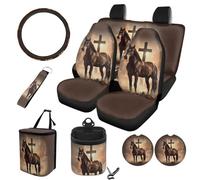 STUOARTE Set di accessori interni per auto con stampa di cavallo incrociato, per donne e uomini, comodo coprisedile anteriore e posteriore traspirante, con coprivolante, sottobicchiere, pattumiera