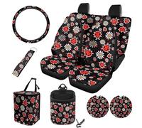 STUOARTE Set di accessori per auto, 10 pezzi, protezione per cuscino anteriore e posteriore con stampa di margherite, coprivolante, sottobicchiere, portachiavi da polso, universale, adatto per la
