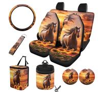 STUOARTE Set di accessori per interni auto, 10 pezzi, con stampa di girasoli e cavalli, per donne e uomini, include coprisedile anteriore e posteriore, coprivolante, pattumiera, borsa portaoggetti per