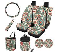 STUOARTE Set di accessori per interni auto con stampa floreale mandala, comodo, traspirante, coprisedile anteriore e posteriore con coprivolante, cestino della spazzatura, universale, adatto per la