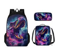 STUOARTE Set di zaini per bambini, 3 pezzi, grande capacità, borsa per la scuola, portapranzo per studenti, borsa leggera per libri e matite, Dinosauro 3D - Blu e Viola, Taglia unica, Zaino per