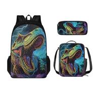 STUOARTE Set di zaini per bambini, 3 pezzi, grande capacità, borsa per la scuola, portapranzo per studenti, borsa leggera per libri e matite, Dinosauro 3D - Bronzo, Taglia unica, Set di zaini per la