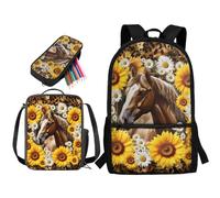 STUOARTE Set di zaini per la scuola per ragazze e ragazzi, 3 pezzi, con scatola per il pranzo e astuccio, set di borse per libri elementari, Cavallo Leopardo Girasole Dasiy - Marrone e Giallo