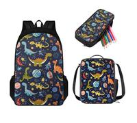 STUOARTE Set di zaino e portapranzo per bambini, leggero, per studenti, per ragazzi e ragazze, 3 pezzi, Cartoon Dinosaur Planet - Blu, Taglia unica, Zaino per bambini