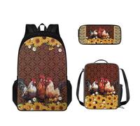STUOARTE Set di zaino e portapranzo per bambini, leggero, per studenti, per ragazzi e ragazze, 3 pezzi, Gallo Girasole Margherita - Rosso, Taglia unica, Zaino per bambini
