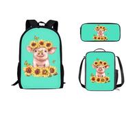 STUOARTE Set di zaino per bambini da 43 cm con contenitore termico per il pranzo, 3 pezzi, zaino scolastico, astuccio leggero, per studenti, Maiale Girasole Farfalla - Verde e, Taglia unica, Zaini