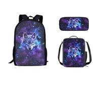 STUOARTE Set di zaino per bambini da 43 cm con contenitore termico per il pranzo, 3 pezzi, zaino scolastico, astuccio leggero, per studenti, Galaxy Wolf Butterfly - Blu e Viola, Taglia unica, Zaini