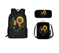 STUOARTE Set di zaino per bambini da 43 cm con contenitore termico per il pranzo, 3 pezzi, zaino scolastico, astuccio leggero, per studenti, Farfalla Girasole - Nero e Giallo, Taglia unica, Zaini