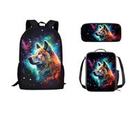 STUOARTE Set di zaino per bambini da 43 cm con contenitore termico per il pranzo, 3 pezzi, zaino scolastico, astuccio leggero, per studenti, Lupo Galassia - Multicolore, Taglia unica, Zaini