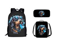 STUOARTE Set di zaino per bambini da 43 cm con contenitore termico per il pranzo, 3 pezzi, zaino scolastico, astuccio leggero, per studenti, Bassotto - Nero e Blu, Taglia unica, Zaini da viaggio