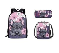 STUOARTE Set di zaino per bambini da 43 cm con contenitore termico per il pranzo, 3 pezzi, zaino scolastico, astuccio leggero, per studenti, Bulldog francese Cherry Blossom - Grigio e Rosa, Taglia