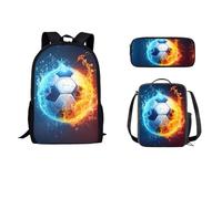STUOARTE Set di zaino per bambini da 43 cm con contenitore termico per il pranzo, 3 pezzi, zaino scolastico, astuccio leggero, per studenti, Water Fire - Pallone da calcio, colore: blu e arancione,