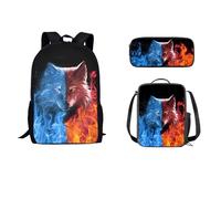STUOARTE Set di zaino per bambini da 43 cm con contenitore termico per il pranzo, 3 pezzi, zaino scolastico, astuccio leggero, per studenti, Lupo del fuoco - Blu e Arancione, Taglia unica, Zaino da