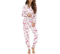 STUOARTE Set pigiama da donna a maniche lunghe con pantaloni lunghi con bottoni e scollo a V, Bianco e rosa - Fiore per la consapevolezza del seno, M