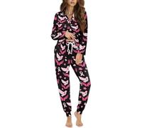 STUOARTE Set pigiama da donna a maniche lunghe con pantaloni lunghi con bottoni e scollo a V, Nero e rosa - Fiore per la consapevolezza del seno, XL