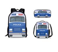STUOARTE Set zaino 3 in 1 per bambini e adolescenti, set di grandi borse per la scuola con borsa per il pranzo e astuccio, borsa per libri per studenti per ragazzi e ragazze, Auto della polizia - Blu,