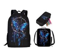 STUOARTE Set zaino con borsa per il pranzo, zaino leggero per la scuola, set di libri per studenti con astuccio per ragazzi e ragazze, 3 pezzi, Acchiappasogni a farfalla, colore: nero e blu, Taglia