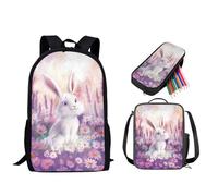STUOARTE Set zaino con borsa per il pranzo, zaino leggero per la scuola, set di libri per studenti con astuccio per ragazzi e ragazze, 3 pezzi, Coniglio Margherita - Viola e Bianco, Taglia unica,