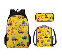 STUOARTE Set zaino per bambini, 3 pezzi, con borsa per il pranzo e astuccio, zaino leggero per ragazzi e ragazze, Camion - Giallo, Taglia unica, Set di zaini per la scuola