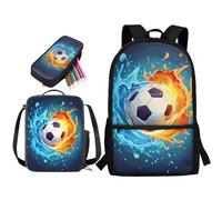 STUOARTE Set zaino per bambini, 3 pezzi, set di libri da 43 cm con portapranzo e astuccio, zaino grande per la scuola per ragazzi e ragazzi, Water Fire Soccer - Blu e Arancione