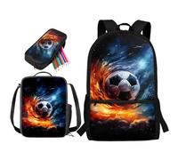STUOARTE Set zaino per bambini, 3 pezzi, set di libri da 43 cm con portapranzo e astuccio, zaino grande per la scuola per ragazzi e ragazzi, Fire Soccer - Blu e Arancione