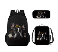 STUOARTE Set zaino per bambini, zaino leggero per la scuola per bambini, set di libri elementari con portapranzo e astuccio, Boston Terrier - Nero, Taglia unica, Set di zaini per la scuola