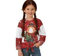 STUOARTE Top a maniche lunghe per ragazze, casual, girocollo, tunica camicetta morbida pullover top per ragazze di 5-12 anni, Rosso e Bianco - Christmas Capybara, 9-10 Years