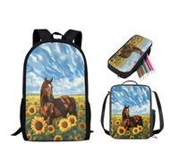STUOARTE Zaino per la scuola per bambini, set da 3 pezzi per ragazzi e ragazze, set leggero con borsa per il pranzo e astuccio, Girasole Cavallo - Blu e Giallo, Taglia unica, Zaini Daypack