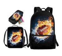 STUOARTE Zaino per ragazzi, set di 3 zaini per la scuola con portapranzo e astuccio, zaino per studenti delle scuole medie elementari, Water Fire - Pallone da calcio, colore: nero e arancione