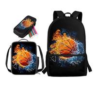 STUOARTE Zaino per ragazzi, set di 3 zaini per la scuola con portapranzo e astuccio, zaino per studenti delle scuole medie elementari, Water Fire - Pallone da basket, colore: Nero e Arancione