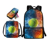 STUOARTE Zaino per ragazzi, set di 3 zaini per la scuola con portapranzo e astuccio, zaino per studenti delle scuole medie elementari, Water Fire Tennis - Blu e Arancione