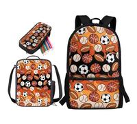 STUOARTE Zaino per ragazzi, set di 3 zaini per la scuola con portapranzo e astuccio, zaino per studenti delle scuole medie elementari, Palline da baseball da basket, arancione e nero