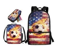 STUOARTE Zaino per ragazzi, set di 3 zaini per la scuola con portapranzo e astuccio, zaino per studenti delle scuole medie elementari, Bandiera americana Fire Soccer - arancione e rosso