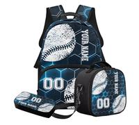 STUOARTE Zaino scuola personalizzato stampa palla zaino scuola con nome e numero, forniture per il rientro a scuola, Blu e Bianco - Baseball Geometrico, Set di zaini per la scuola