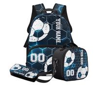 STUOARTE Zaino scuola personalizzato stampa palla zaino scuola con nome e numero, forniture per il rientro a scuola, Blu e Bianco - Calcio Geometrico, Set di zaini per la scuola
