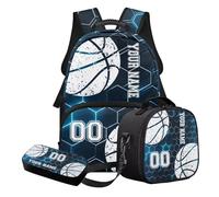 STUOARTE Zaino scuola personalizzato stampa palla zaino scuola con nome e numero, forniture per il rientro a scuola, Blu e Bianco - Basket Geometrico, Set di zaini per la scuola