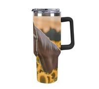 STVNKML Bicchiere da 1180 ml con manico giallo girasole cavallo in acciaio inox tazza da caffè riutilizzabile tazza da viaggio isolata a prova di perdite tazza per auto grande capacità per viaggi